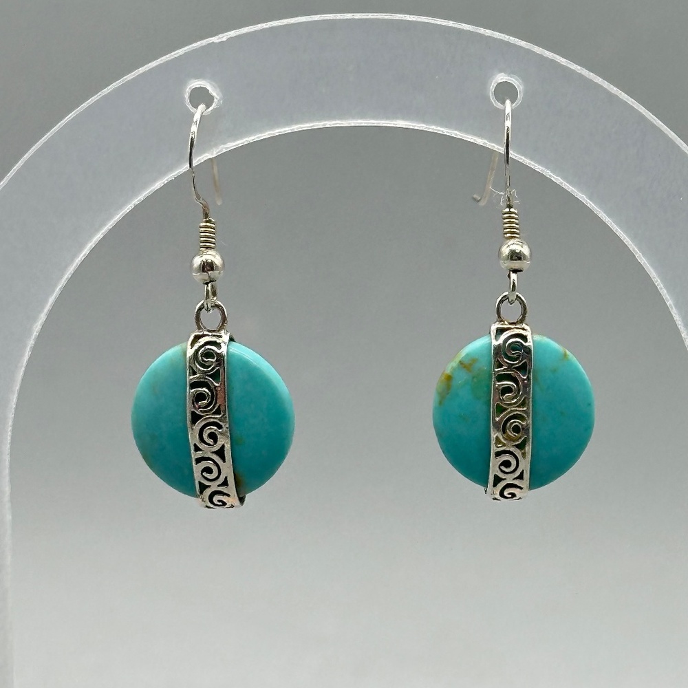Vintage Sterling Silver 925 Turquoise Filagree Disc Dangle Earrings Boho Beach